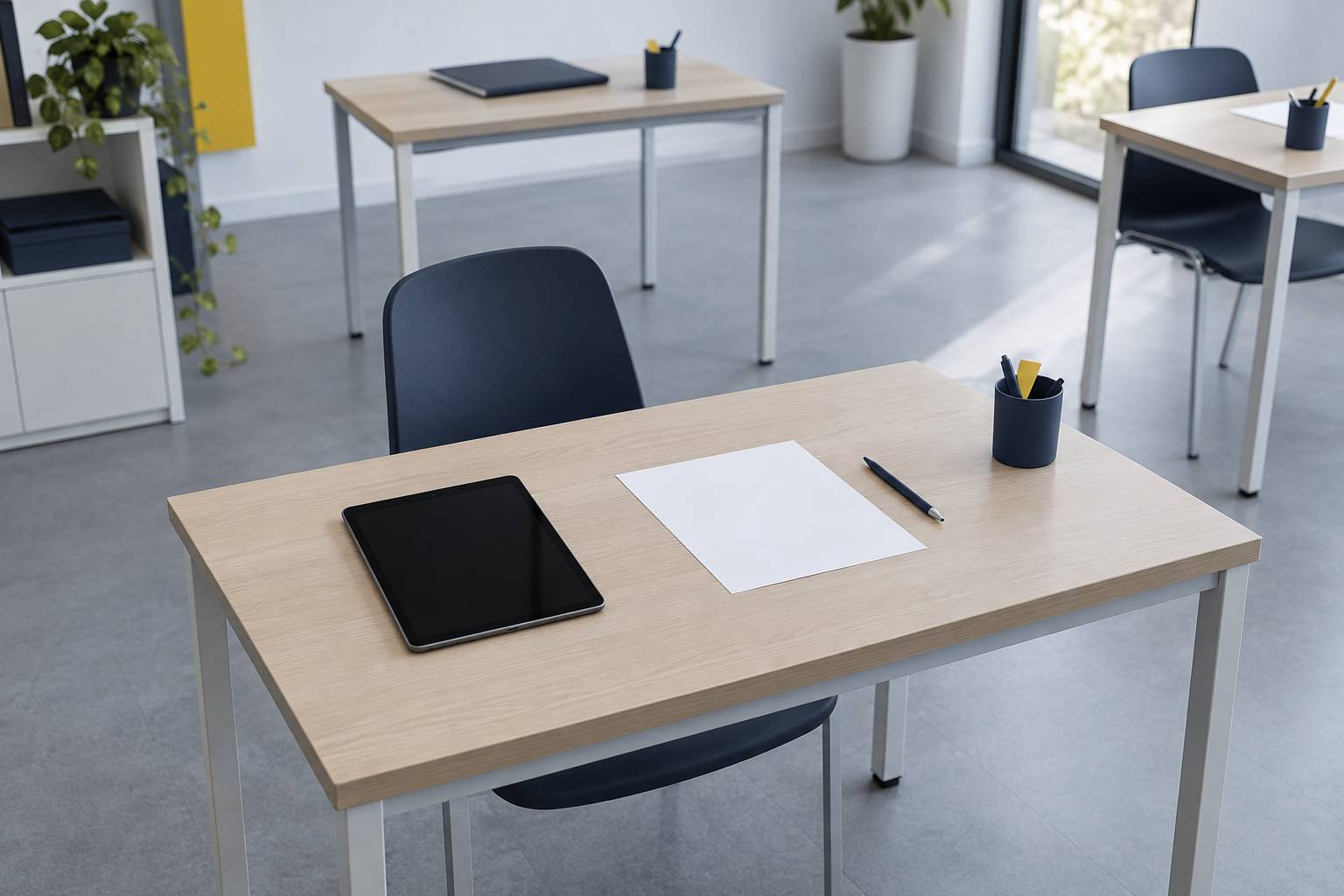 Tablette eteinte et brouillon vierge sur un pupitre de salle d'examen