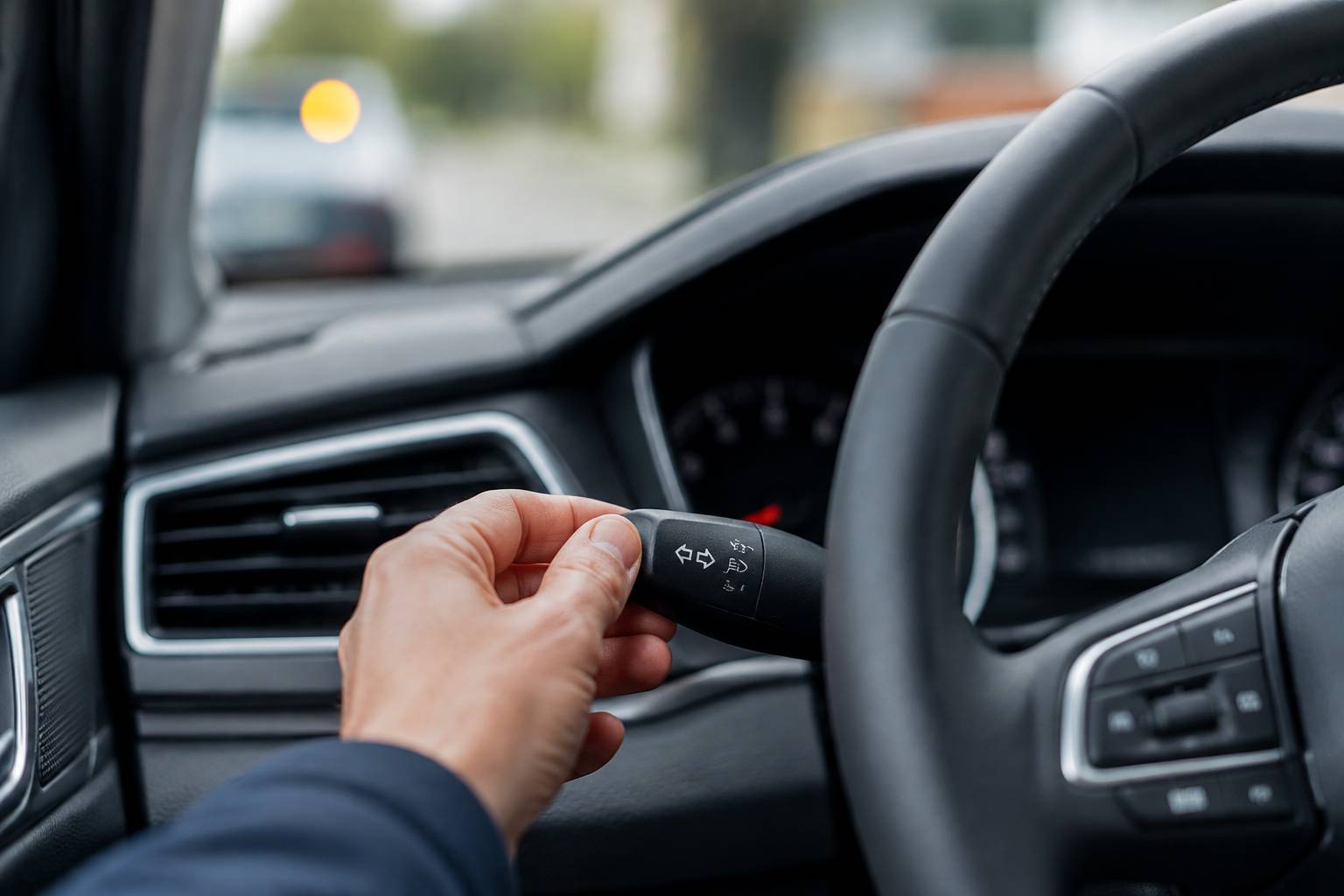 Main de conducteur actionnant la commande de clignotant sur la colonne de direction d'une voiture