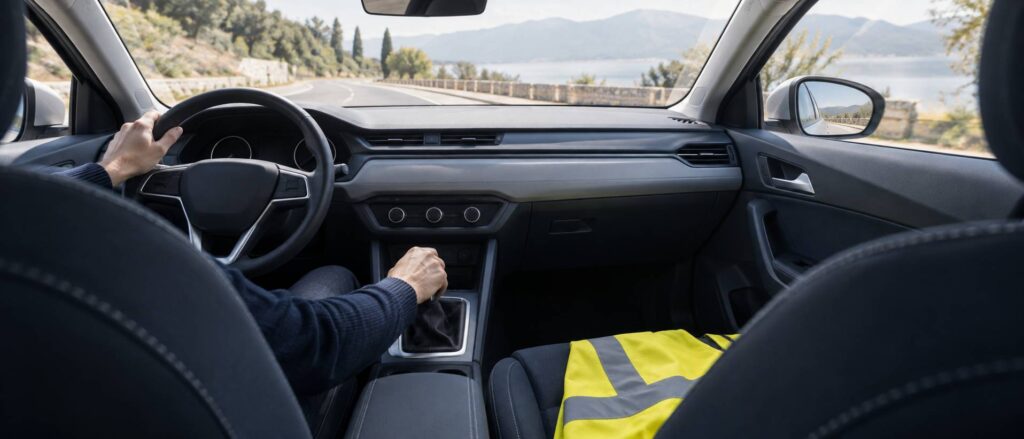 Mains sur le volant et le levier de vitesse avec un gilet jaune sur le siège