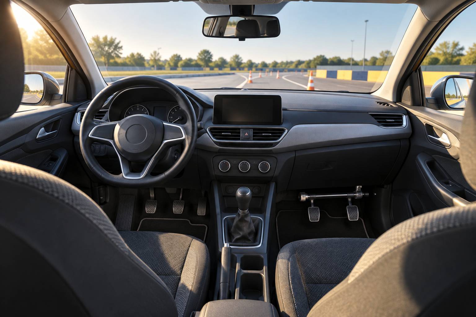 Détail du poste de conduite d'une auto-école avec pédales et double commande