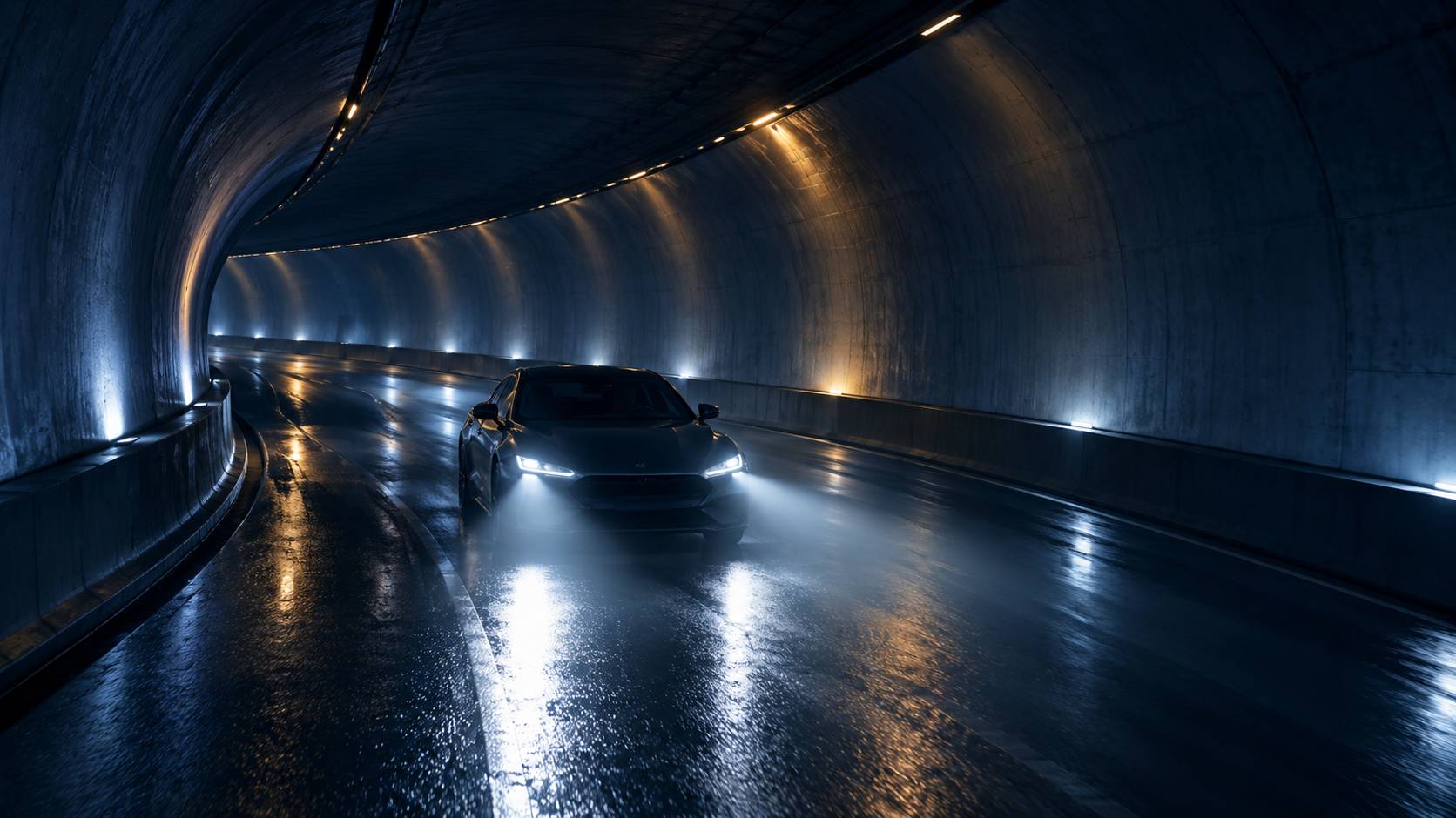 Avant d'une voiture avec feux de croisement allumes dans un tunnel