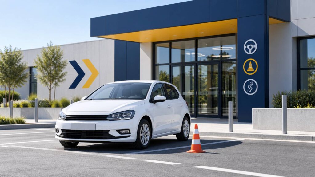 Voiture blanche d'auto-école avec cône orange devant un bâtiment moderne