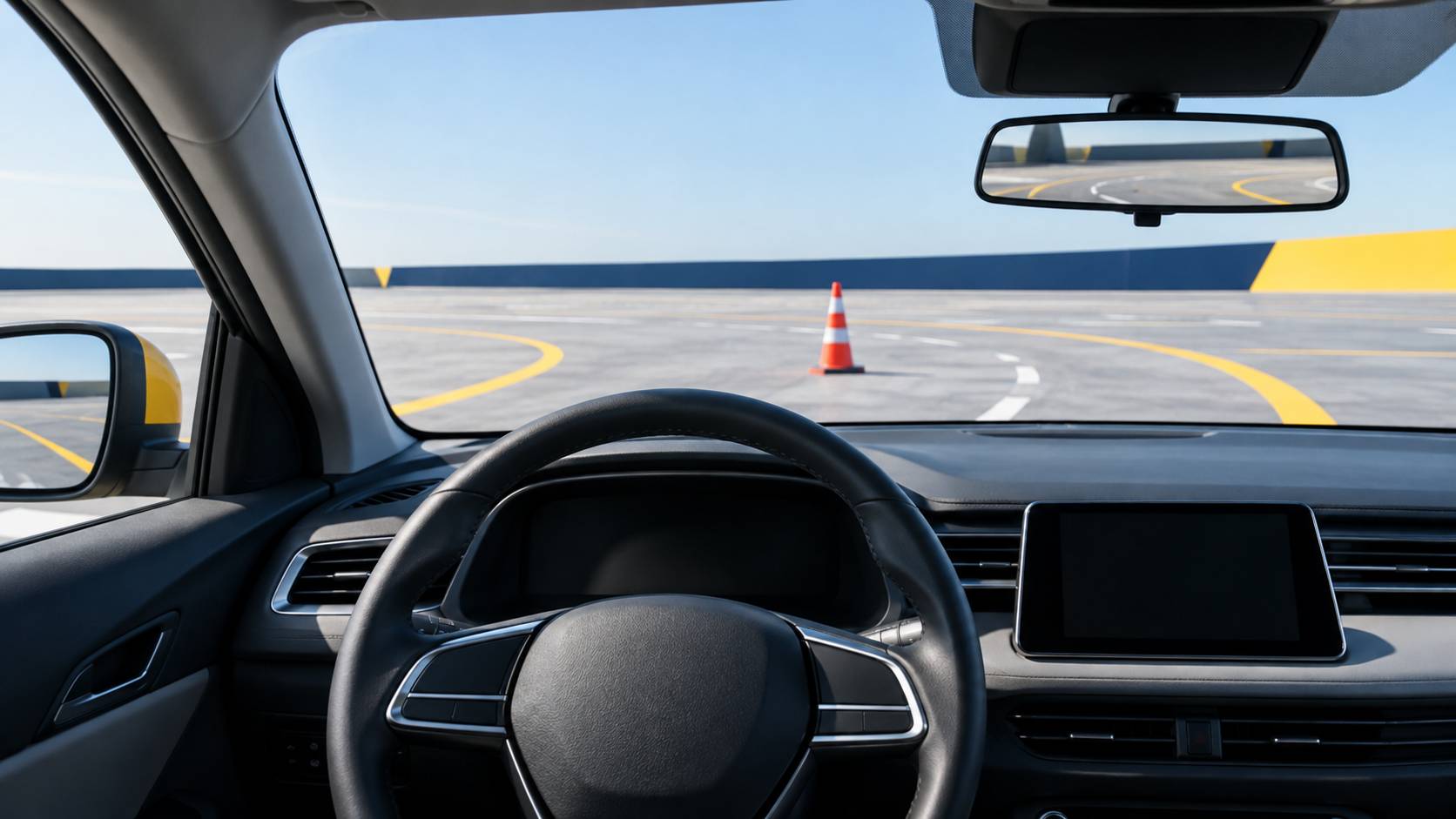 Voiture blanche d'auto-école avec cône orange devant un bâtiment moderne