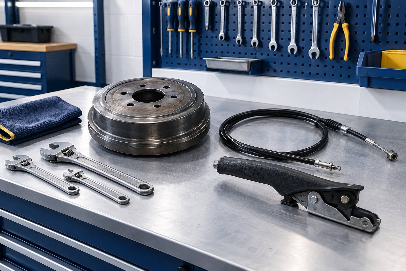 Pièces de frein et câble posés sur un établi d'atelier automobile