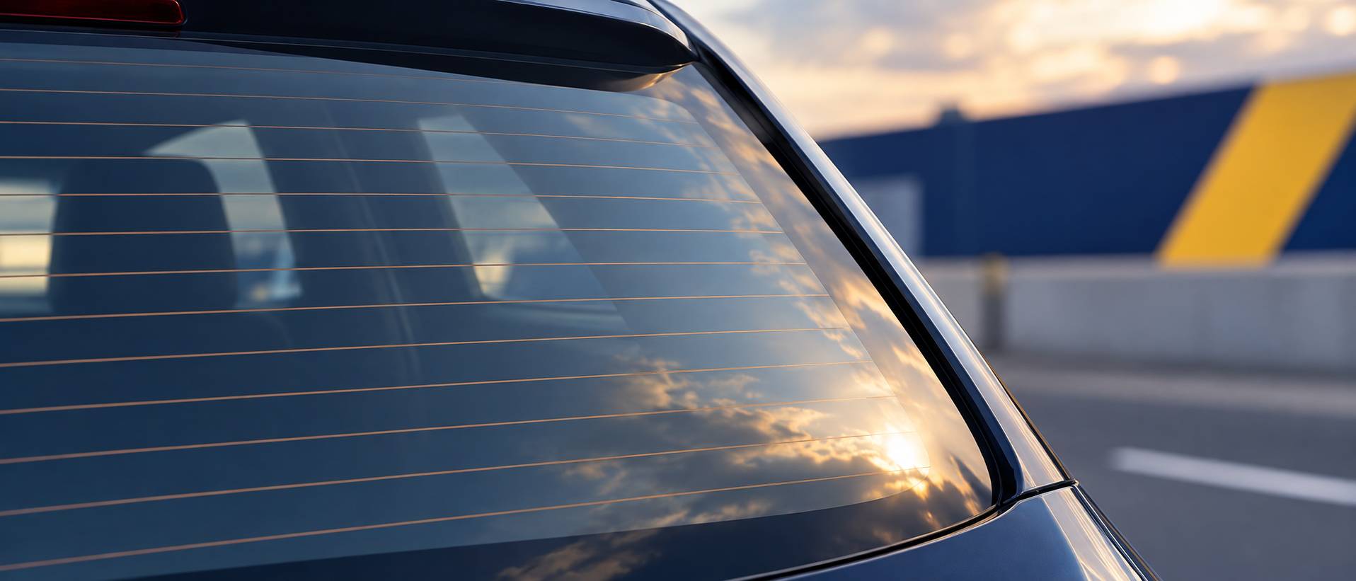 Gros plan sur les filaments de dégivrage d'une lunette arrière de voiture