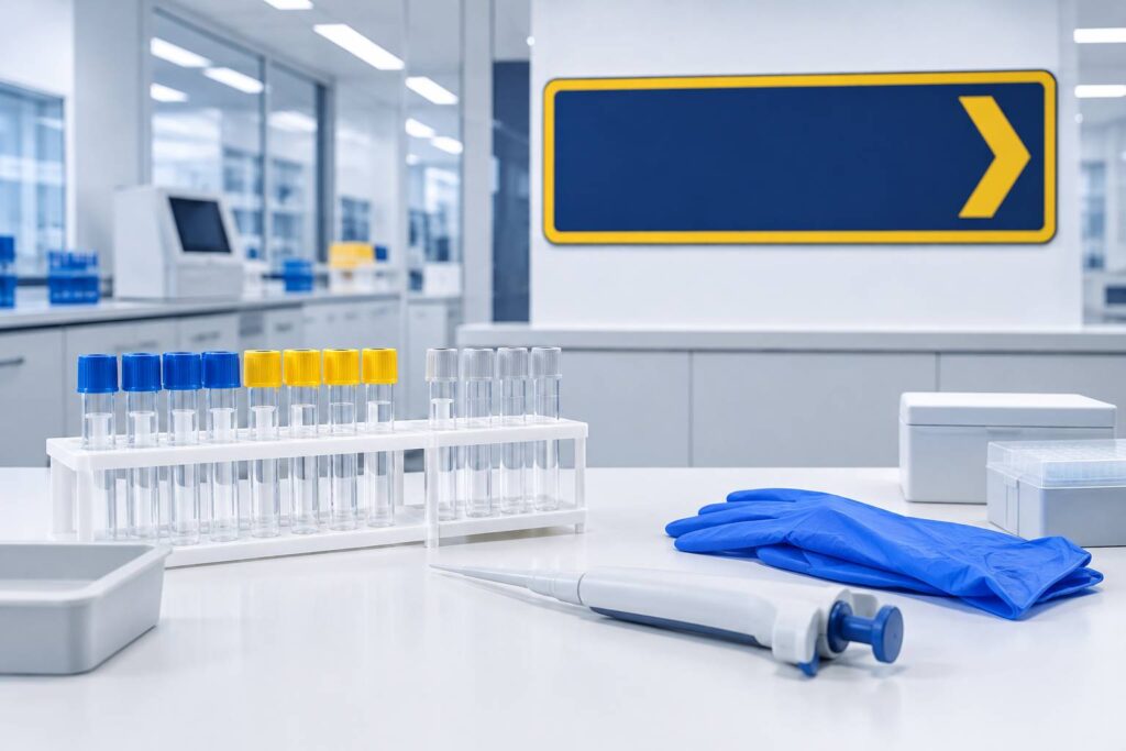Portoir de tubes de prélèvement génériques dans un laboratoire d'analyses sobre