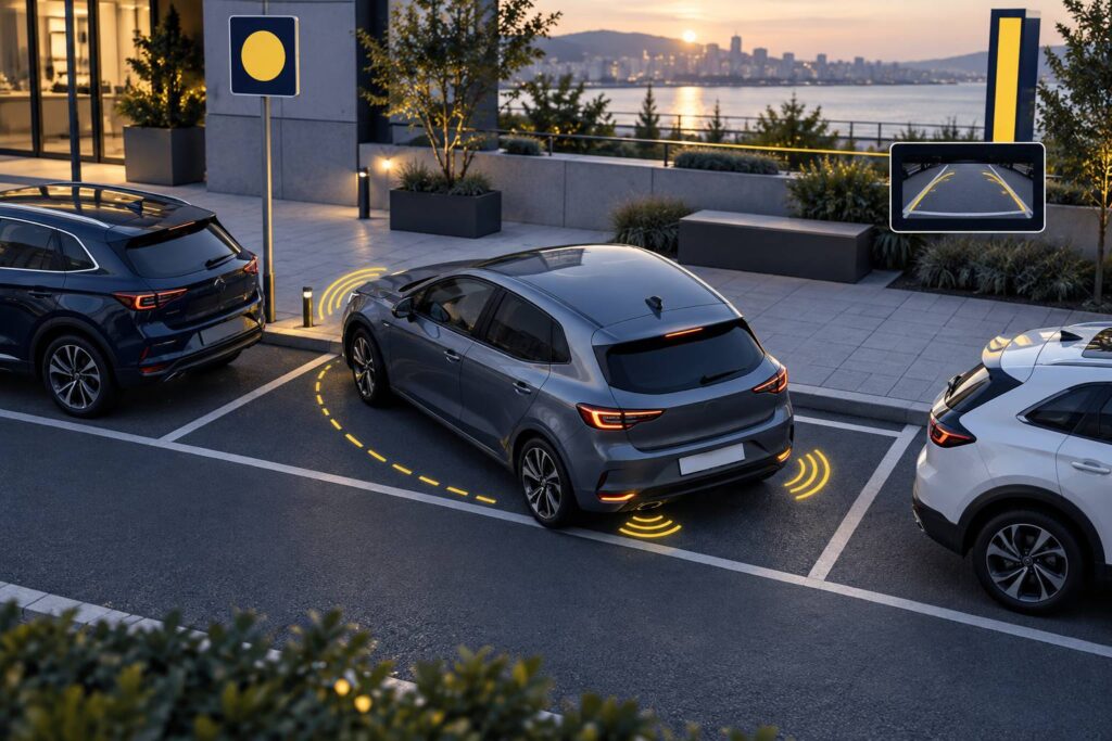 Illustration éditoriale du sujet : Le Park Assist : révolutionnez vos stationnements grâce à l'assistance automatique