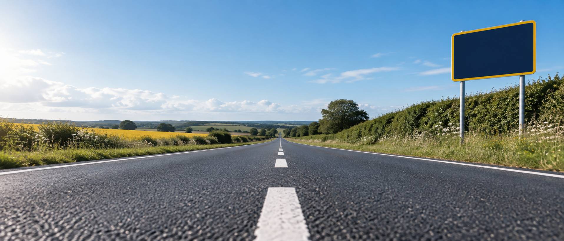 Interieur de voiture sur une route de campagne vue par le pare-brise