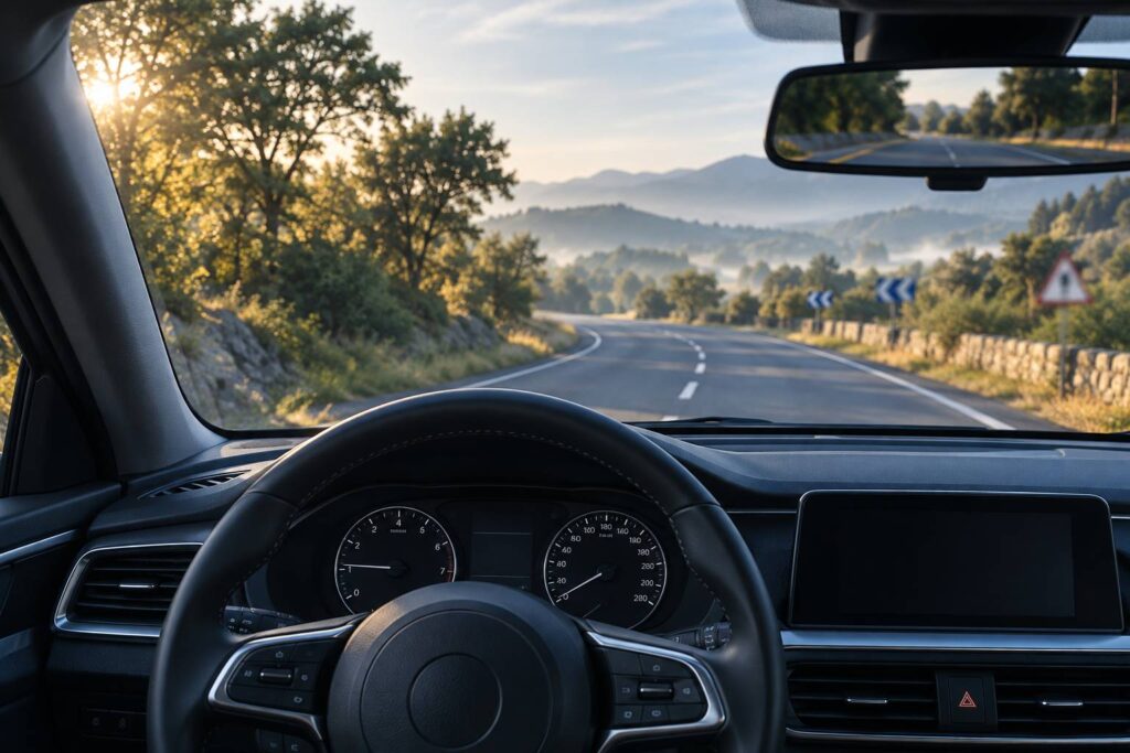 Interieur de voiture sur une route de campagne vue par le pare-brise
