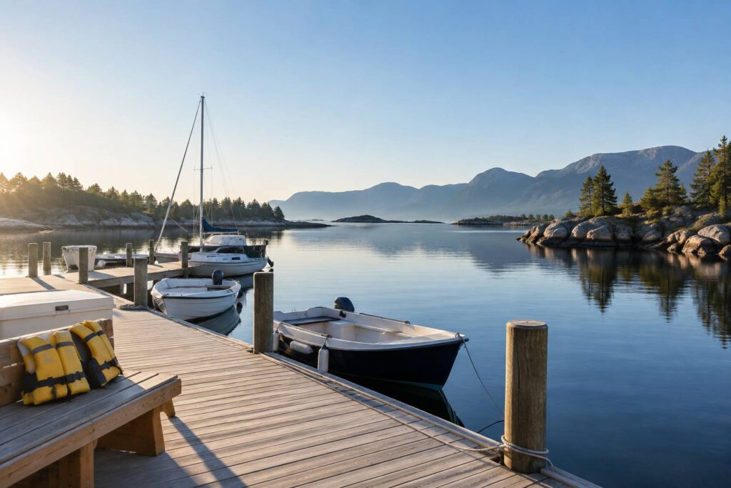 Petit port de plaisance calme avec embarcations generiques et gilets de sauvetage