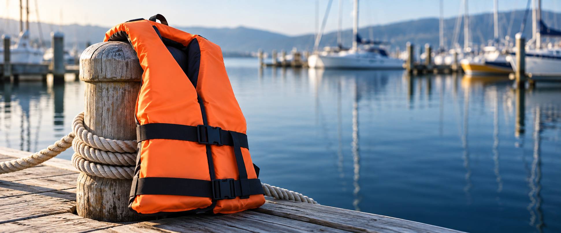 Gilet de sauvetage pose sur une bitte d'amarrage avec cordage