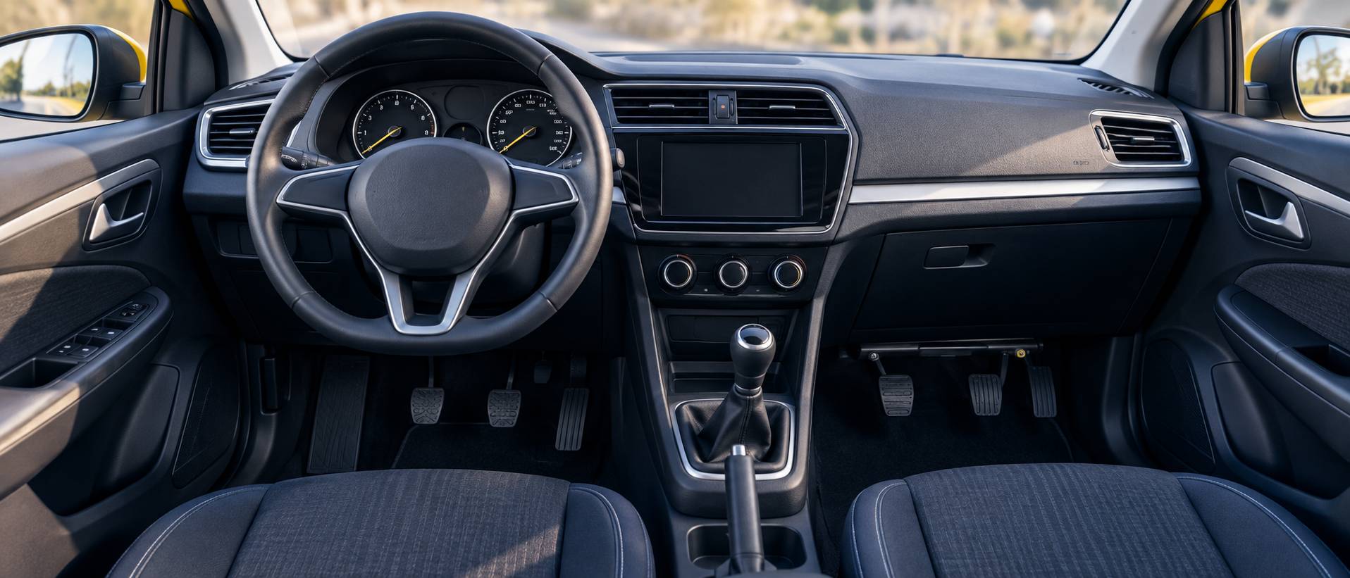 Poste de conduite d'une voiture generique avec volant et double commande