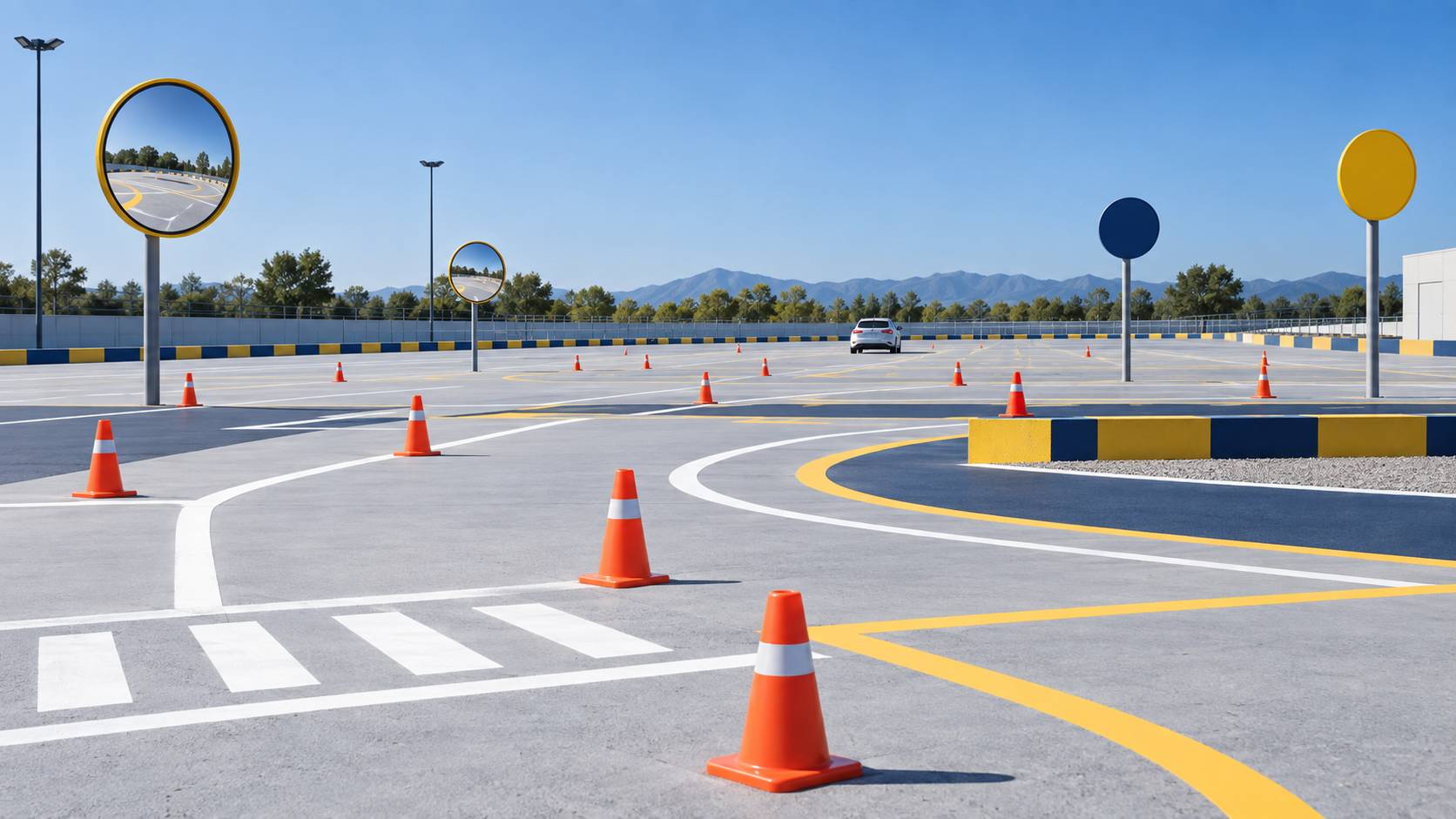 Voiture d'auto-école anonyme stationnée sur une piste d'examen