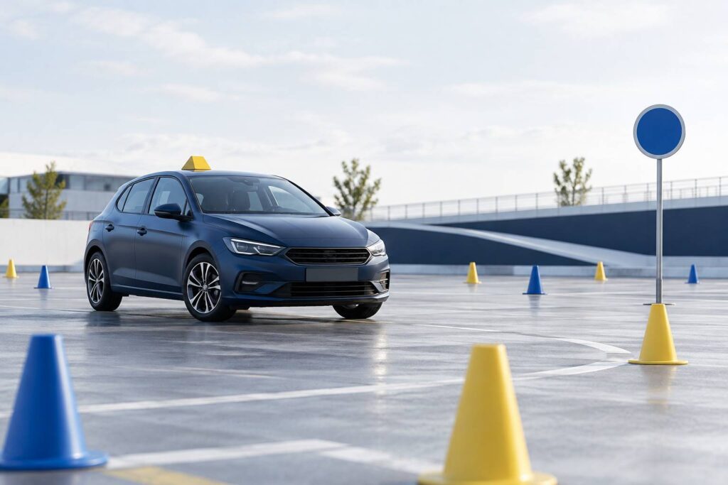 Voiture d'auto-école anonyme stationnée sur une piste d'examen