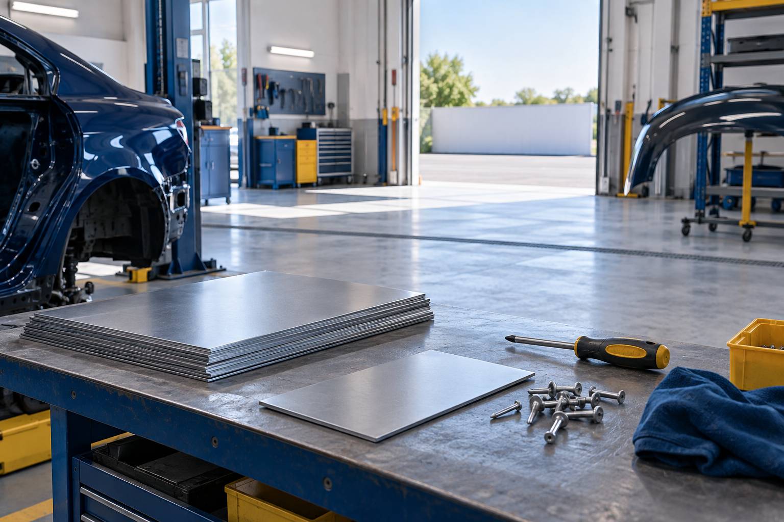 Plaques métalliques unies empilées sur un établi d'atelier automobile