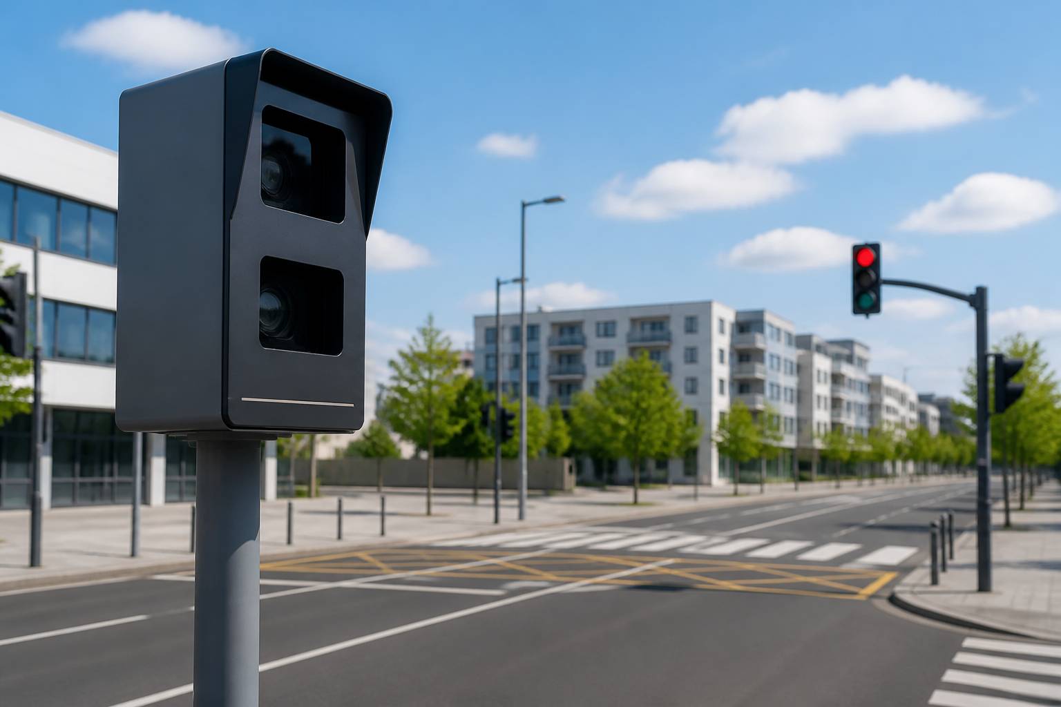 Radar automatique de feu rouge fixé sur son mât au bord d'un carrefour urbain