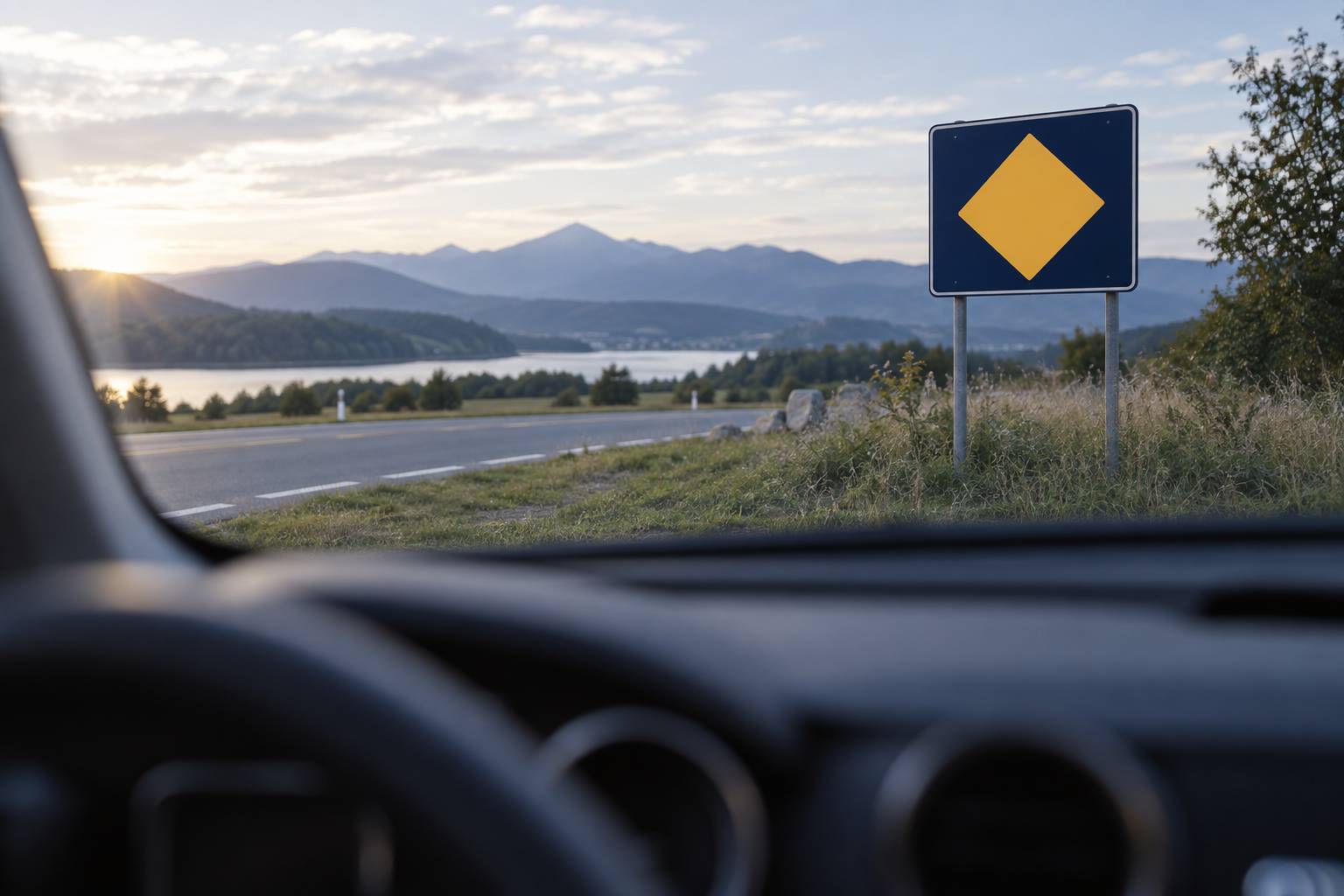 Route de campagne rectiligne au marquage usé bordée de haies, lumière de fin de journée