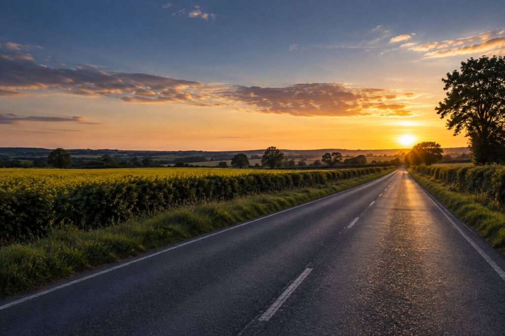 Route de campagne rectiligne au marquage usé bordée de haies, lumière de fin de journée