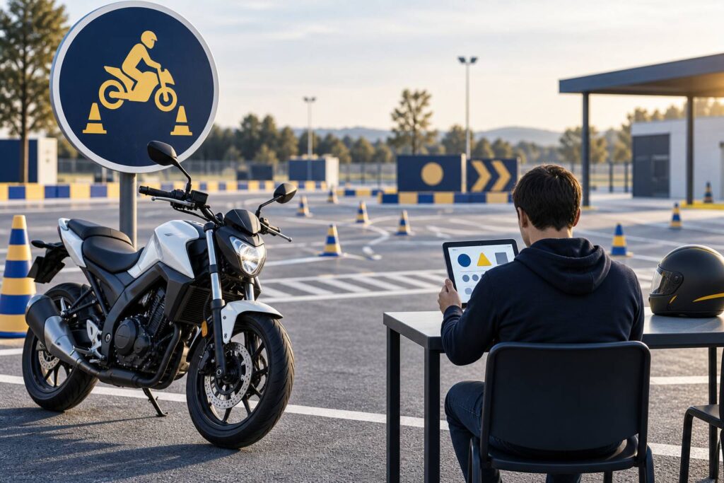Illustration éditoriale du sujet : Réussir son code moto : entraînement en ligne avec Pass Rousseau Moto