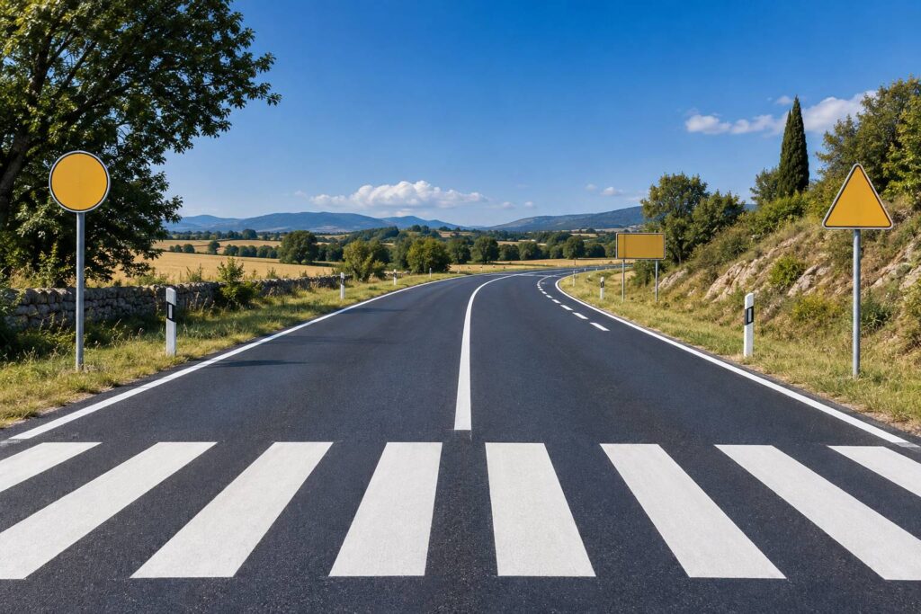 Route de campagne avec marquage blanc net, lignes et passage piéton