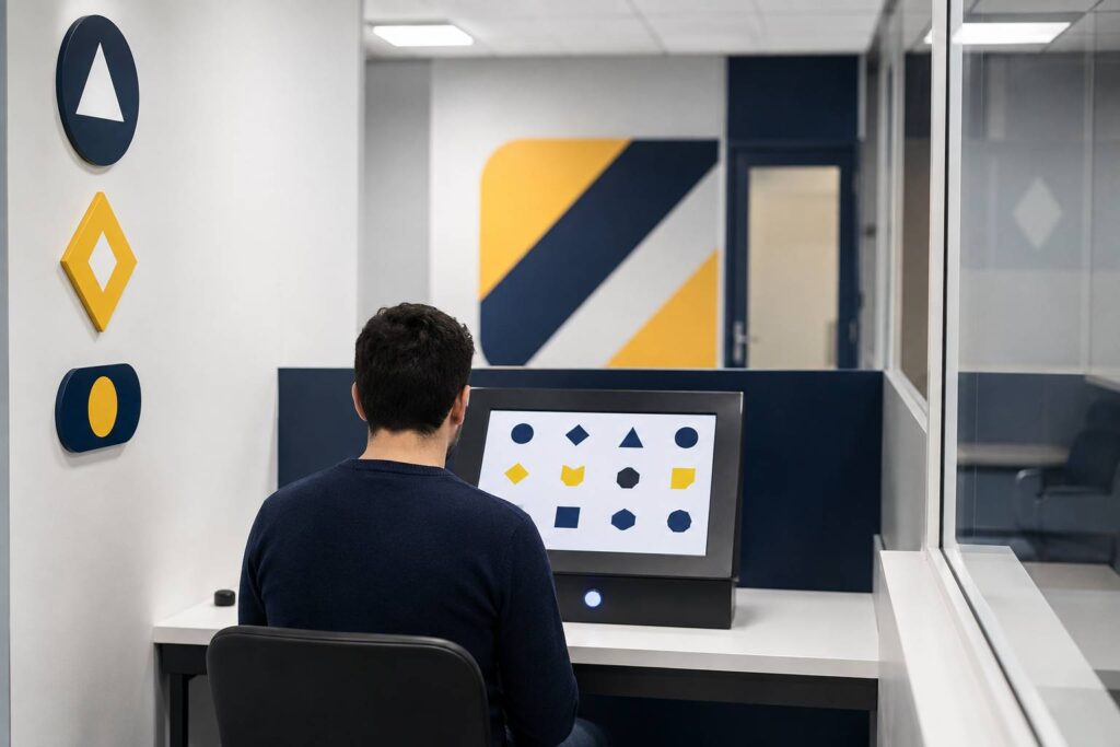 Candidat au permis de conduire passant un test psychotechnique sur une borne tactile en centre d'examen