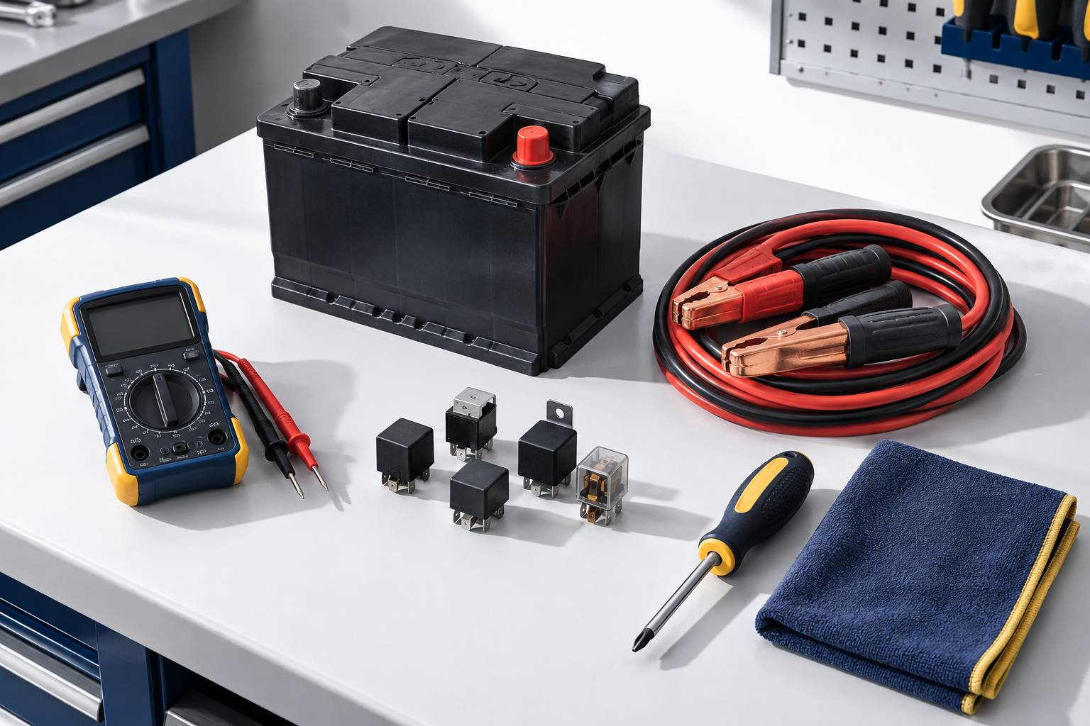 Batterie, multimètre eteint et cables sur une table d'atelier