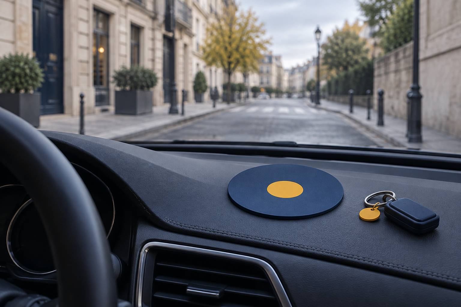 Disque de stationnement rond pose sur la planche de bord d'une voiture au repos