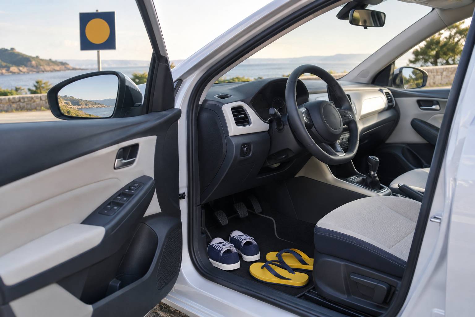 Vue large d'une paire de baskets et de tongs posées au pied du siège conducteur, côté portière ouvert, habitac