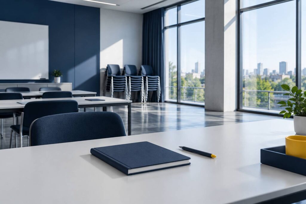 Salle de formation sobre avec carnet fermé sur une table claire