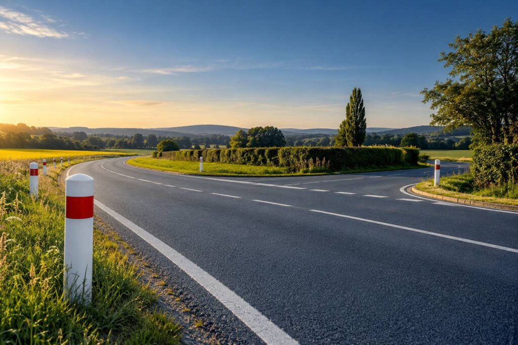 Route de campagne avec balises cylindriques blanches a bandeau rouge