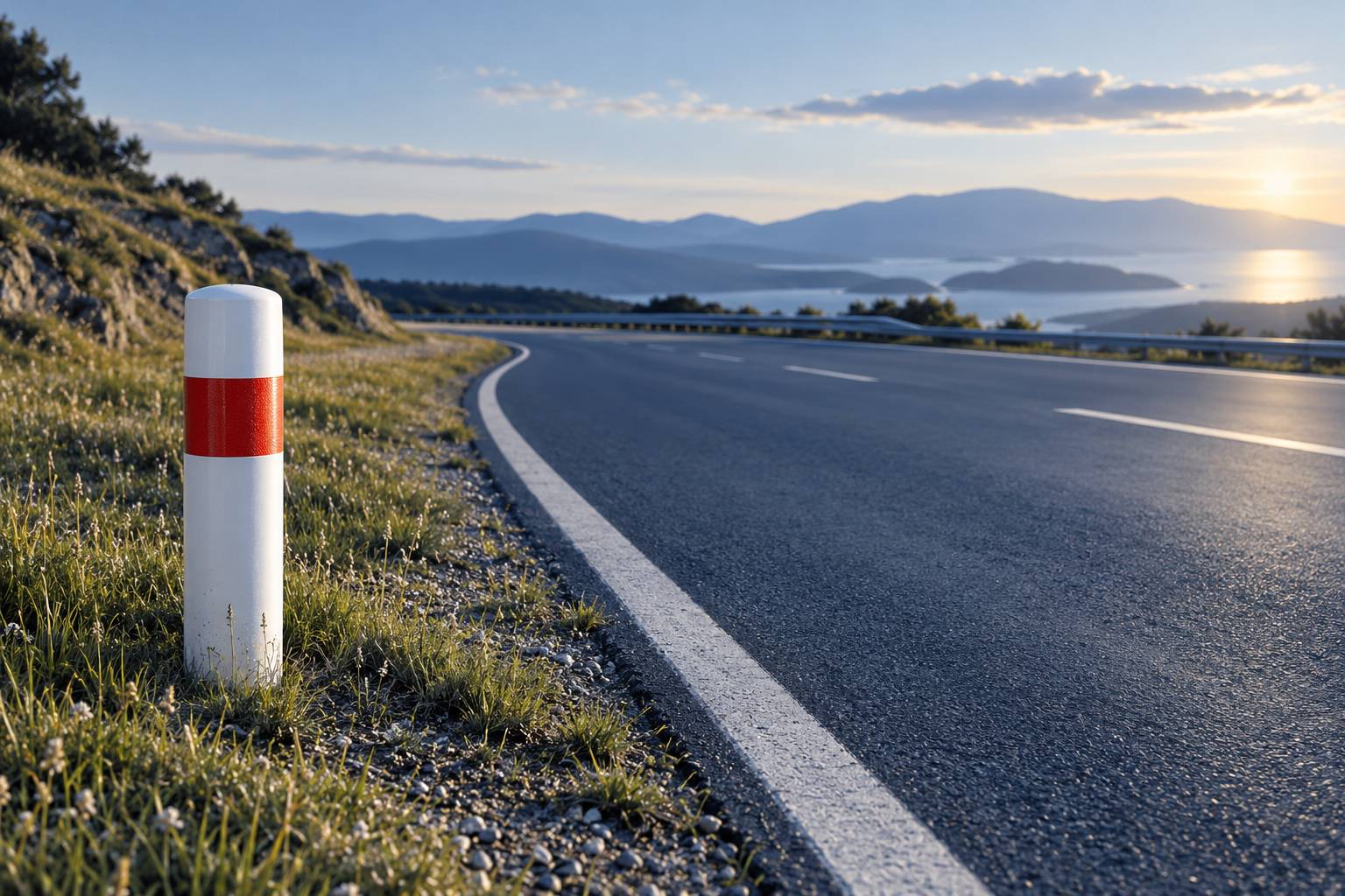 Balise de signalisation blanche a bandeau rouge au bord de la route