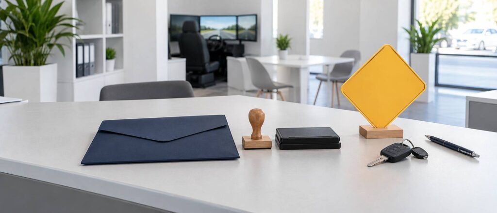 Pochette bleu nuit, tampon en bois et panneau jaune vierge sur un bureau d'auto-école