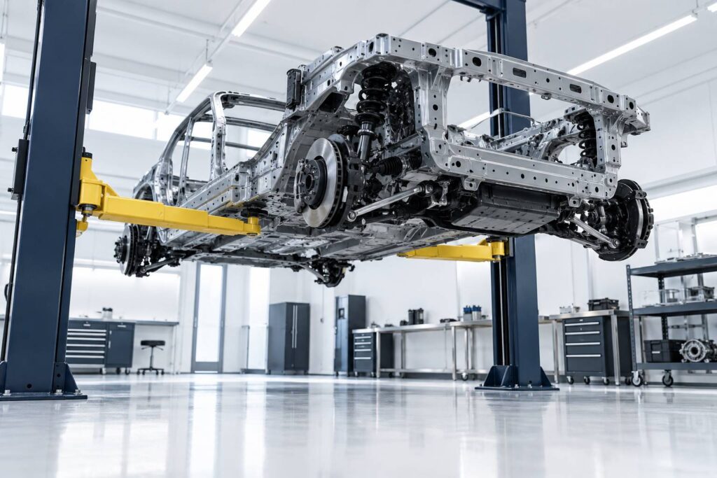 Chassis automobile nu sur un pont elevateur dans un atelier clair