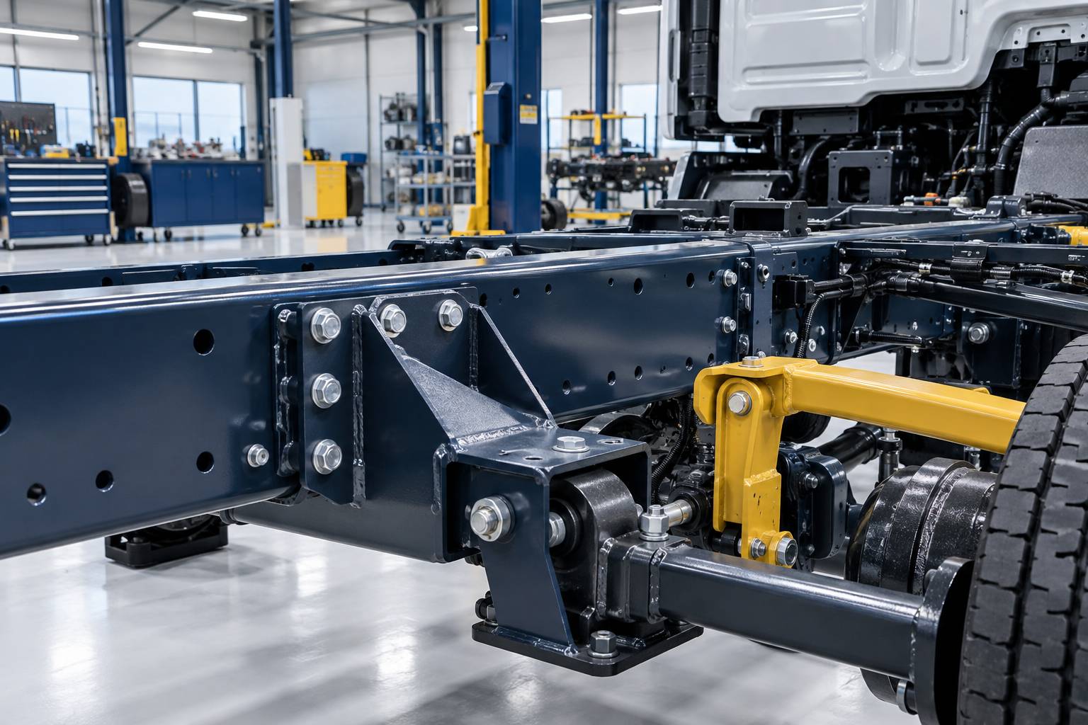 Detail d'un chassis metallique avec soudures et renforts visibles