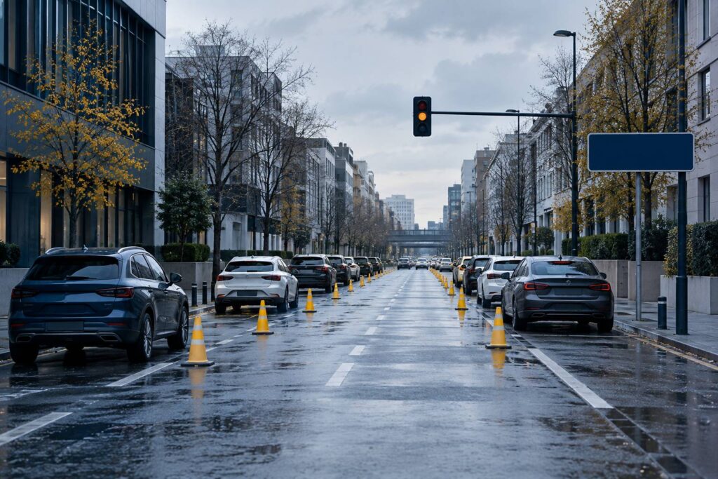 Circulation alternée dans une rue avec véhicules arrêtés et cônes