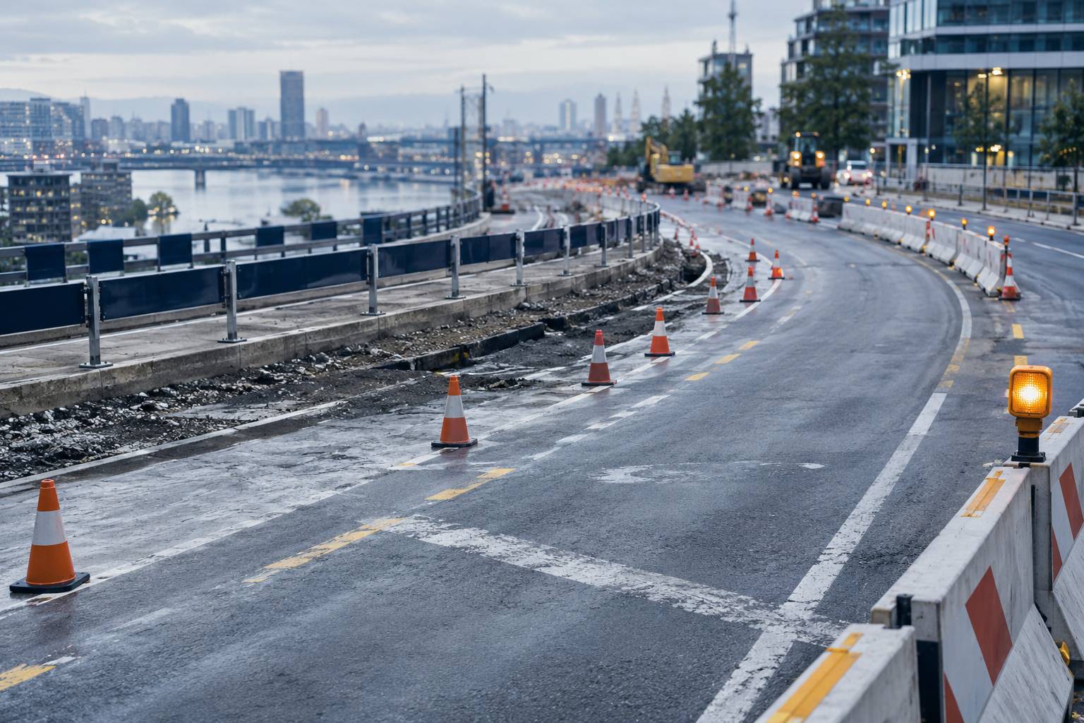 Barrières et cônes de chantier organisant la circulation alternée