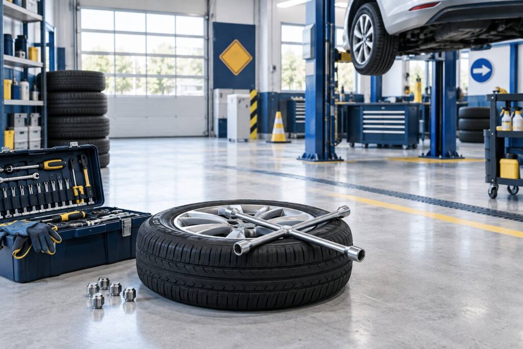 Roue de voiture avec ecrous et cle codee poses dans un atelier propre