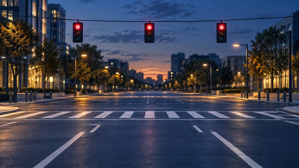 Intersection routiere urbaine avec trois feux tricolores et signal rouge allume