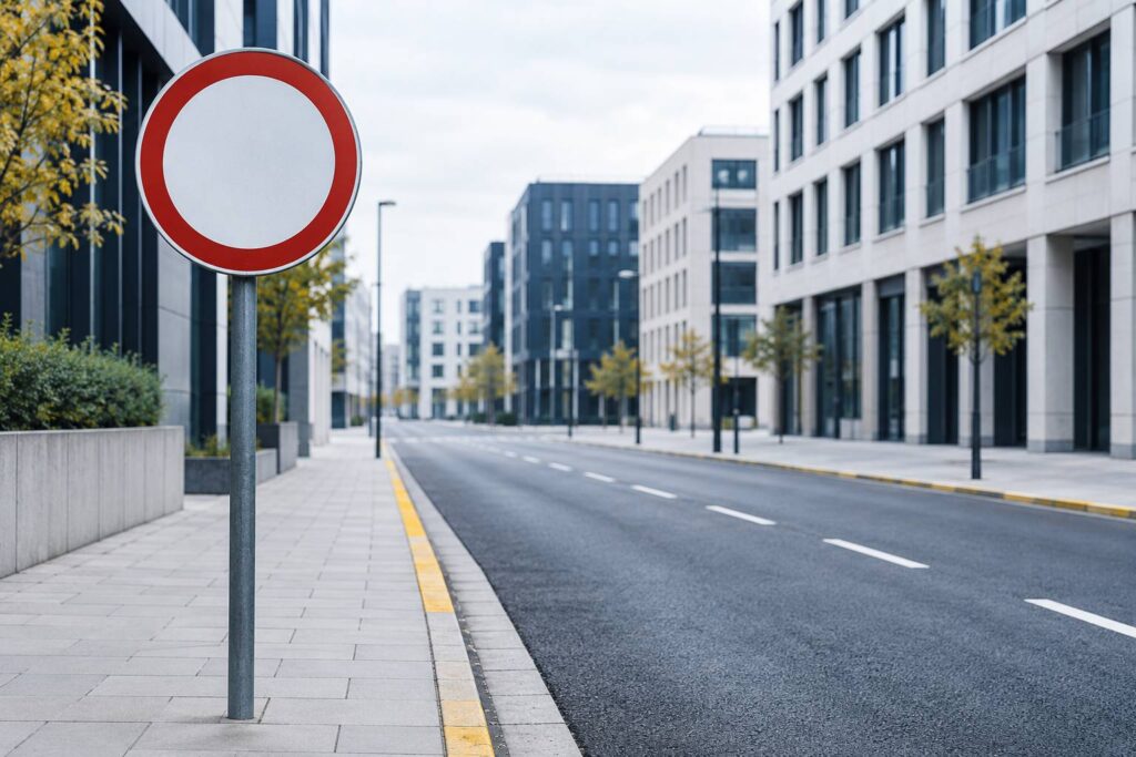 Panneau de signalisation rond rouge et blanc sur une rue urbaine