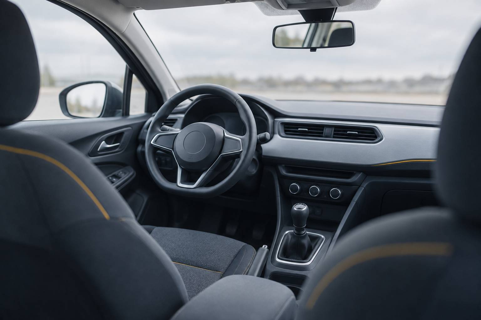 Poste de conduite d'une voiture generique avec volant et levier de vitesses