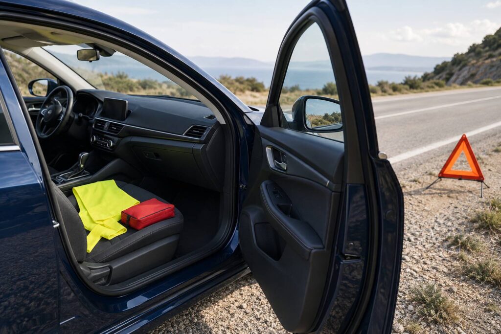 Interieur de voiture arretee sur le bas-cote avec gilet et trousse de secours