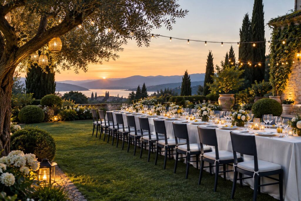 Table de reception de mariage dressee en exterieur sous lumiere douce