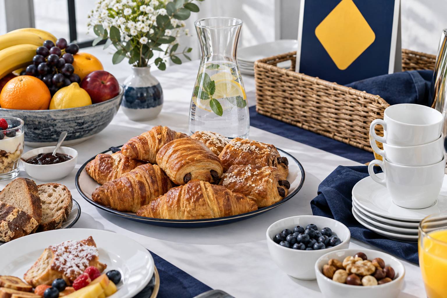 Buffet de brunch avec viennoiseries, fruits et carafe sur table claire