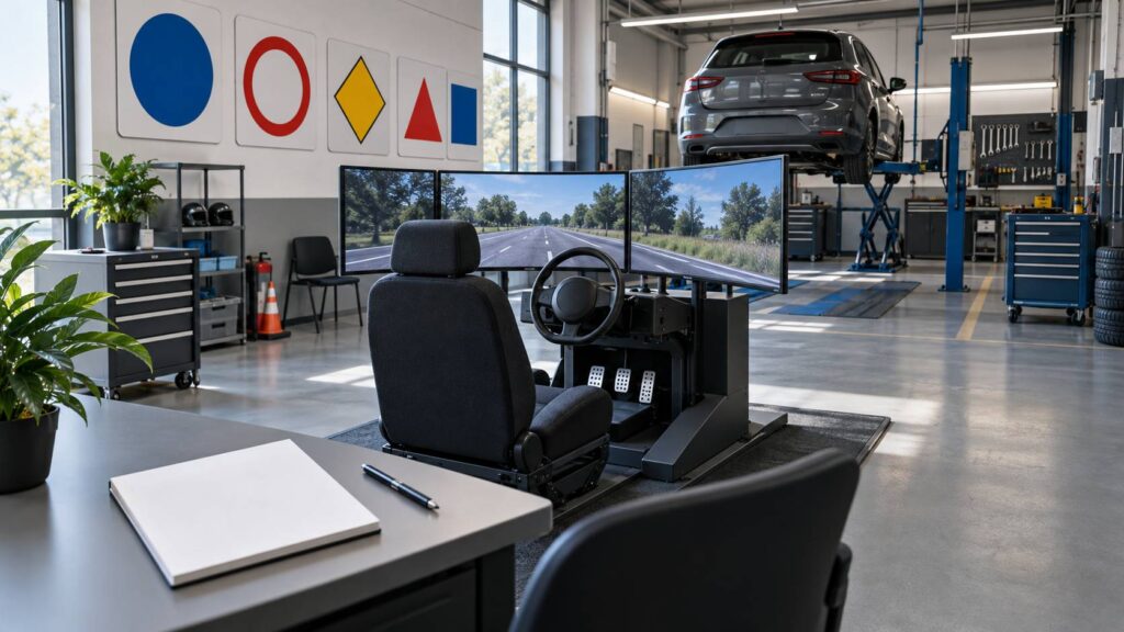 Simulateur de conduite et livret vierge dans une salle de formation