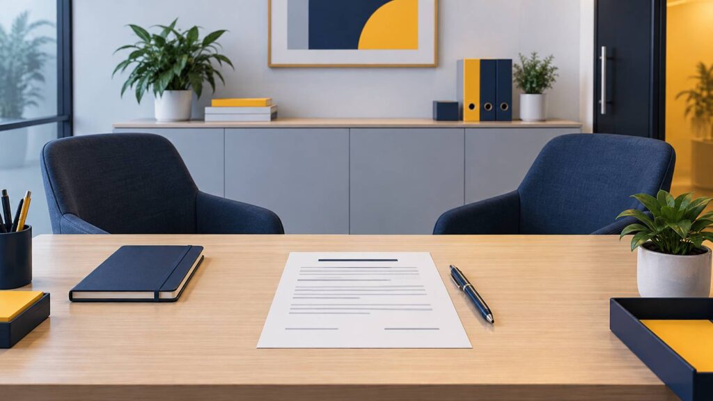 Bureau RH avec contrat, stylo et deux chaises pour un entretien