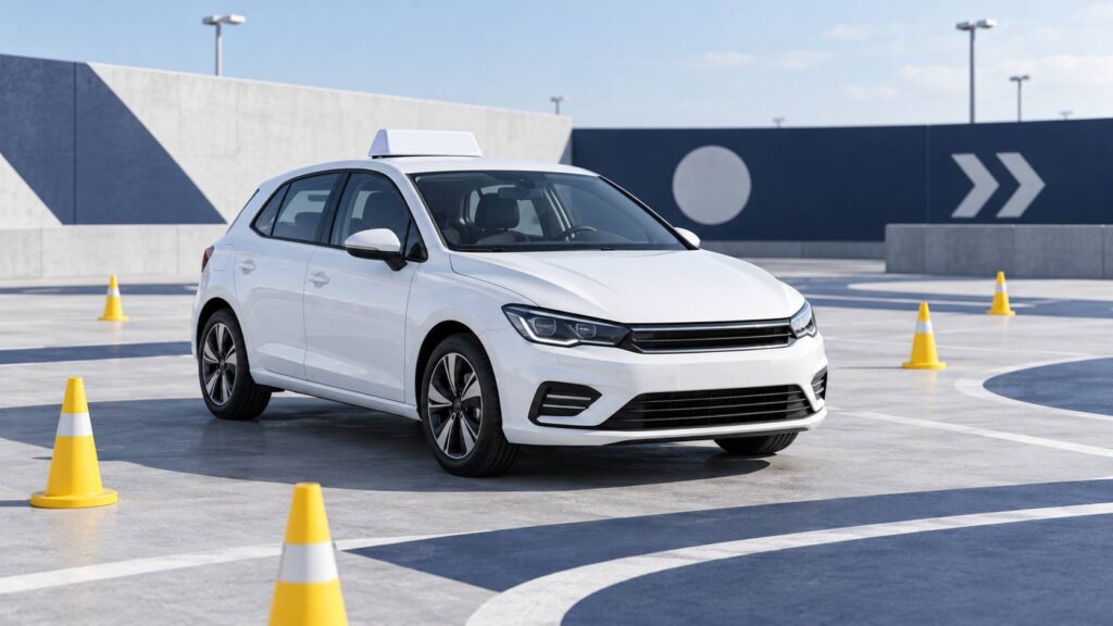 Voiture-école générique blanche avec plots d'auto-école